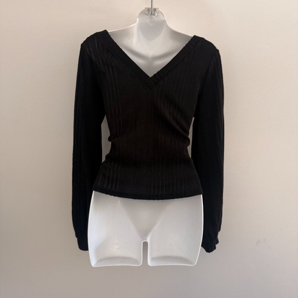 Black Ribbed Deep V Bell Sleeve Blouse | Size L - Picture 5 of 8